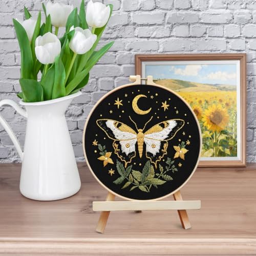 ERKOON Embroidery Kit for Beginners Adult Cross Stitch Set Include Embroidery Cloth Hoop Threads for Craft Lover Hand Stitch with Embroidery Skill Techniques (Moon Butterfly)