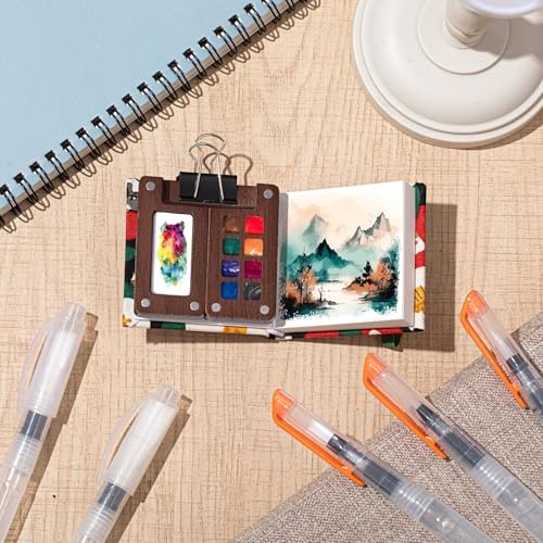 Qilery Mini Portable Watercolor Palette Set Wooden Grid Paint Box Watercolor Paper Sketch Book Brush Pens with Binder Clip for Painters Artist Not Include Paint(Cat)