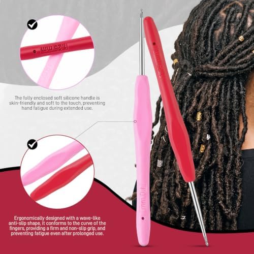 WILLBOND 4 Pcs Dreadlock Crochet Hooks, 1.0 mm 1.25 mm, Pink, Red