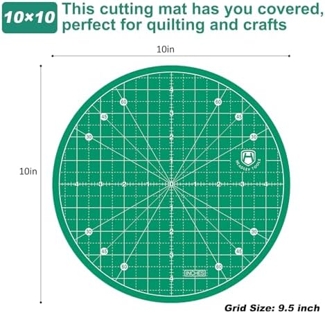 Headley Tools 10"x10" Round Rotating Cutting Mat, Self Healing Mat with 360-Degree Rotation & Anti-Slip Base, Sewing Board Cutting Mat Perfect for Fabric Quilting Leather Hobby Project, Green