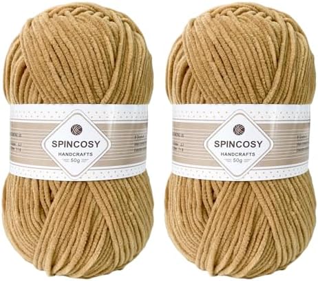 Skinny Chenille Yarn, 2 Pack of 50g/120 Yards Fluffy Soft Polyester Crochet Yarn Sutible for Colorful DIY Crafts Blankets Plush Dolls (Khaki)