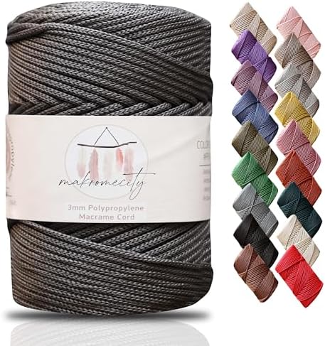 Makromecity, Premium Polyester Macrame Cord 3mm x 131 Yards (394 feet) 3mm Polypropylene Anthracite Macrame Cord Crochet Macrame Bag Cord Crafts for Wall Hangings, Bags, Underplate, Rug