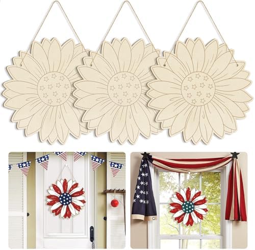Large 12" Wooden Spring Ornaments to Paint Star Crafts, DIY Blank Unfinished 4th of July Door Sign Wreaths for Front Door Plaque 250th Anniversary Hanging Patriotic Day Independence Day Decorations