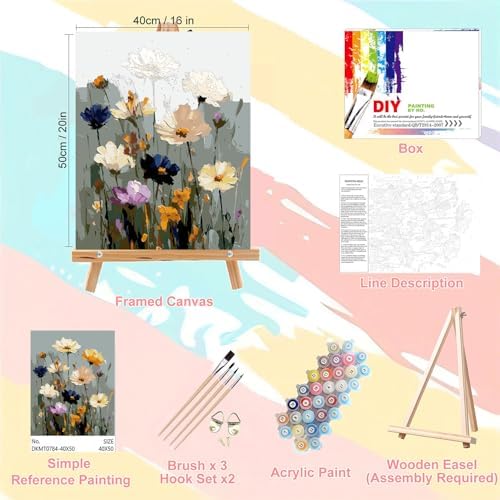 Flower Paint by Numbers for Adults with Framed Canvas - with Wooden Easel