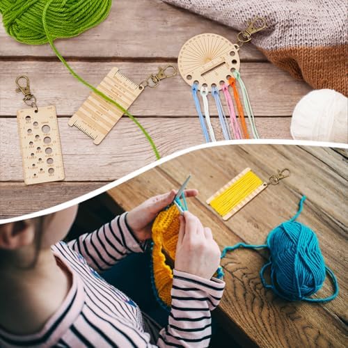 BENECREAT 3Pcs Mini Wooden Knitting Needle Gauge Keychains, Yarn Wrap Guide Board Knitting Tool, Embroidery Floss Organizer Card, Multifunctional Ruler with Alloy Clasp for Crochet DIY Sewing