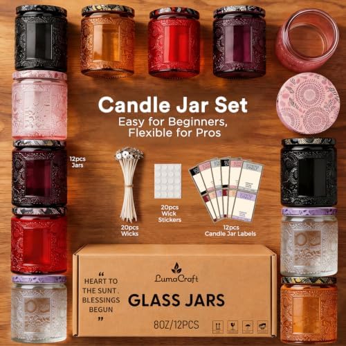 LumaCraft Luxury Embossed Glass Candle Jars for Making Candles - 12 Pack 8oz Empty Candle Containers with Airtight Metal Lids, 20 Wicks & 20 Stickers, Colored Glass Jars for Gifts & Decor