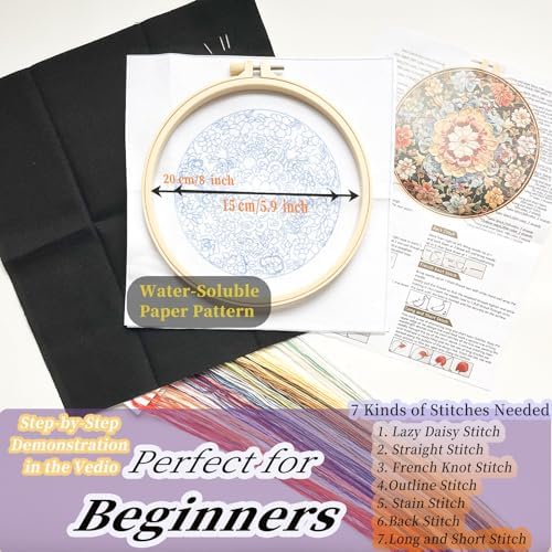 FONNUY Floral Embroidery Kit, Cross Stitch Kits for Beginners, Handmade Crafts with Printed Patterns for Beginner Adults, Easy to Follow Color Thread Needlework, 8'' Hoop (Wildfire of Blossoms)