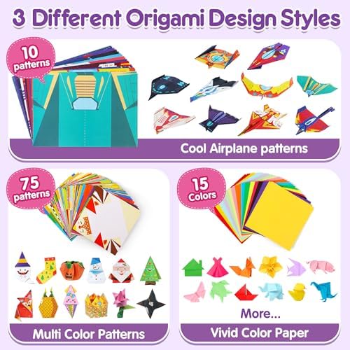 Mocoosy 320 Sheets Origami Kit for Kids Ages 5-8 9-12, Folding Paper Set with Origami Book & Paper Airplane, DIY Art Craft Project for Boys Girls, Travel Game Airplane Car Road Trip Activity Toy Gift
