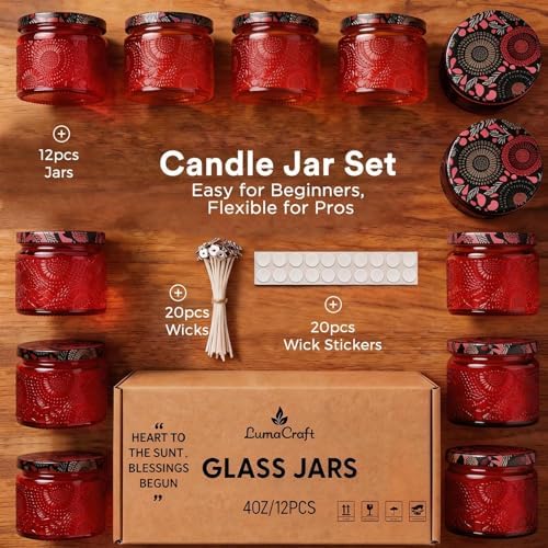 LumaCraft Luxury Embossed Glass Candle Jars for Making Candles - 12 Pack 4oz Empty Candle Containers with Airtight Metal Lids, 20 Wicks & 20 Stickers, Colored Glass Jars for Gifts & Decor