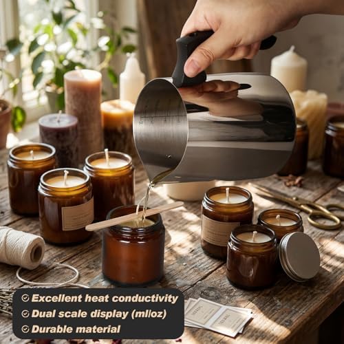 Romooa 2 Pcs Wax Melting Pitcher 32oz 304 Stainless Steel Wax Pouring Pitcher Double Boiler Candle Making Pouring Pot with Heat-Resistant Handle, Dripless Spout for Soy DIY
