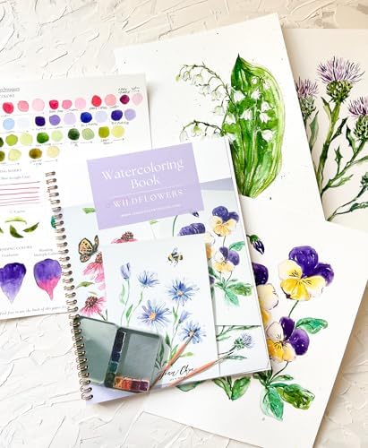 Wildflower Watercolor Workbook with Real Cold Press Cotton Watercolor Paper, Pre-Outlined Designs, Step-by-Step Instructions & Online Videos – Premium Botanical Art Book for Adults & Beginners