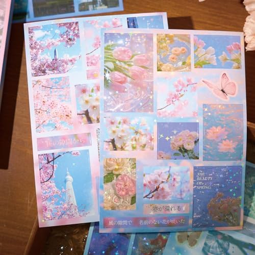 Japanese Kawaii Sticker Book - 20 Sheets Cute Cherry Blossom Island Vibe Stickers for Journals, Planners, Scrapbooking & Water Bottles - Holographic Glitter Vinyl Decals (277 Pcs, Pink)