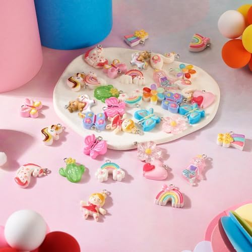 Cheriswelry 36pcs Butterfly Cactus Flower Pendants Cute Rabbit Heart Resin Dangle Charms Lovely Earring Making Charms Hang Ornament 15~30mm for DIY Craft Necklace Jewelry Making
