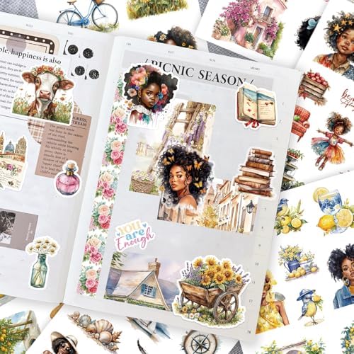 Prstincol 326Pcs Black Girl Themed Planner Stickers Book, People Stickers for Junk Journal Kit, 40 Sheet Scrapbook Supplies with Washi Tape for Planners, Bullet Journal ,Mixed Media Art