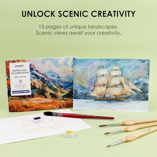 Grabie Watercolor Coloring Book, 15 A5 Cotton Sheets, Landscape Themed