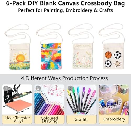 6Pcs 13x17cm Blank Canvas Crossbody Bag,Bulk Mini Zipper Shoulder Bags,Cloth Fabric Bags Painting Bags for DIY Craft