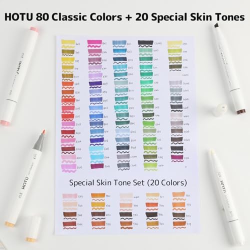 HOTU 100 Colors Alcohol Markers Fine Tip, Dual Tips 79 Vibrant Colors+20 Skin Tone Colors+1 Colorless Blender, Art Markers for Adult Coloring book, Illustration, Non-Bleeding Pad-CPC Certificated | 80 Colors+20 Skin Tone Colors, Art Markers for Artists...