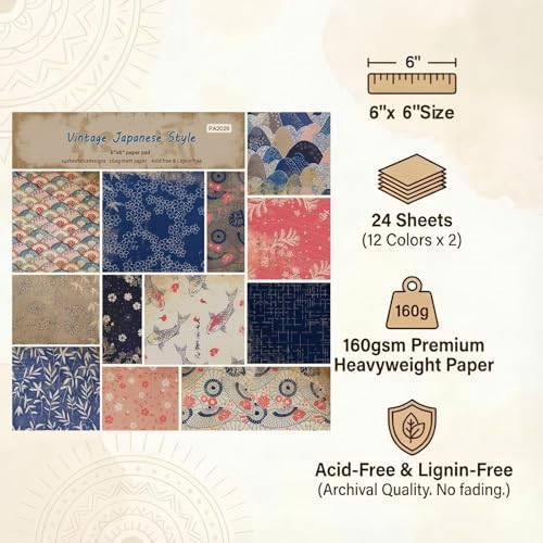 Scrapbook Paper,24 Sheets 6x6 Inch Vintage Japanese Style Scrapbook Supplies,160gsm Single-Sided Decopodge Craft Paper for DIY Card Making Scrapbook Photo Album Journal Decor (Retro 1)