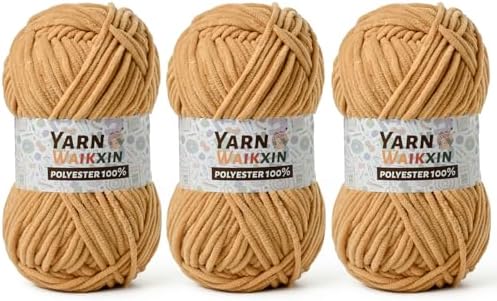 3 Pack Soft Chenille Yarn for Crocheting, Fluffy Chunky Crochet Yarn for Baby Blanket, (5.29oz/196.8yds) Fuzzy Velvet Yarn for Amigurumi&DIY Puzzle、Crafts、Scarf(3 Khaki)