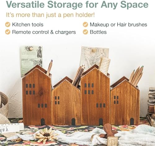 4-piece Kids Wooden Study Desk Organizers - Whimsical Farmhouse Style Table Decor Storage Box for Teacher Supplies - Girls Room Pencil Holder for Desk - Art & Stationery Supplies Organizer
