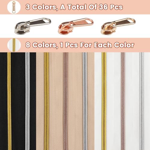 DOITEM 17.8 Yards Endless Zippers by The Meter Black White Zipper 6 mm Spiral + 32 Nonlock Zippers (Gold Silver Rose Gold)