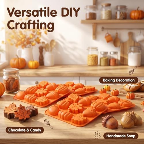 4Pcs Pumpkin Silicone Mold - 3D Fall Silicone Mold Thanksgiving Candy Mold Autumn Maple Leaf Acorn shape Chocolate Mold Soap Candy Cake Pan Baking Molds for Cake Cupcake Decoration