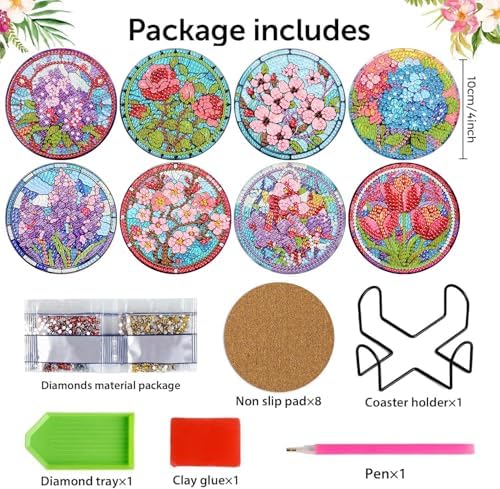 8 Pcs Diamond Art Coaster Kit for Adult with Holder, Diamond Coasters 4x4in