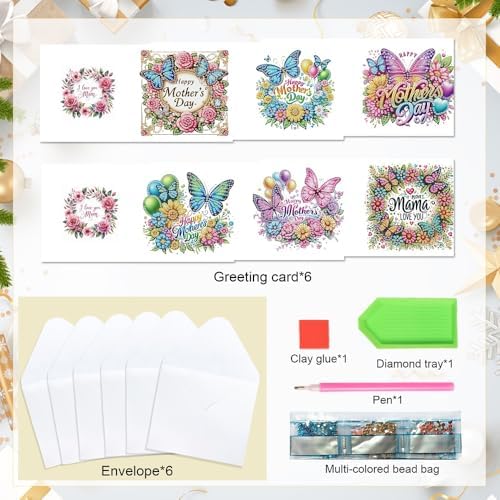 Tontut 6pcs 5D Diamond Art Painting Greeting Card Kit, Butterfly Flower Adult DIY with Envelope, Special Shape Diamond Design Greeting Card Creative Birthday Holiday Gift