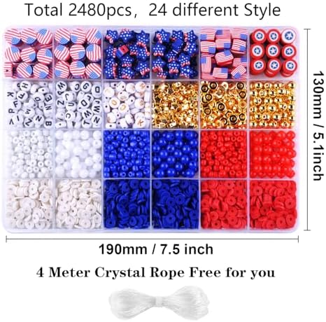 2480pcs President's Independence Day Polymer Clay Beads Charms Friendship Bracelet Necklace Earring Jewelry Making kit, Accessories for Arts Crafts DIY Birthday Gifts for Girls Children American Flag