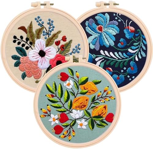 Colorful Flowers Embroidery Kit for Beginners – DIY Hand Embroidery Set with 3 Hoops, Stamped Patterns, Needles, Thread, Scissors – Floral Embroidery Kit for Adults, Teens, Women, Craft Lovers