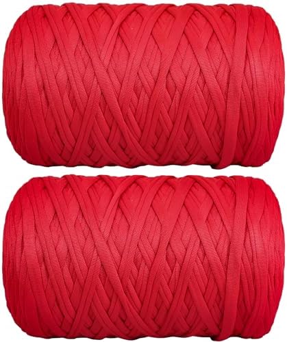2 PCS 800g T-Shirt Yarn Elastic Fabric Crochet for DIY Knitting, 260 Yards Spaghetti Thick Knitting Yarn for Hand DIY Bag Basket Cushion Crocheting Projects,Home Decor（Red）