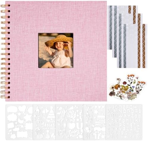 Vienrose 8x8 Inch Scrapbook DIY Small Hardcover Kraft White Pages Scrapbook Photo Album Linen Cover Scrap Book Photo Albums Scrapbooking Supplies Kit for Couple Family Wedding Travel Pink