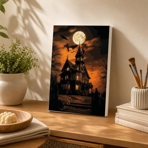 Spandrel Paint by Numbers for Adults Halloween Haunted House Canvas Oil Painting Kit, Gothic Spooky Full Moon Horror Landscape Number Painting, Dark Halloween Wall Art Decor Gift for Beginners