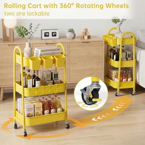 danpinera 3-Tier Rolling Cart, Utility Cart Mobile Metal Rolling Storage Cart with Lockable Wheels & Hanging Cups & Hooks for Kitchen, Bathroom, Office, Workshop, Yellow