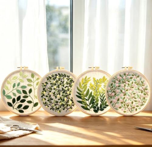 Vintage Plant Embroidery Kits for Beginners Adults, Flowers Hand Embroidery Sets Needlepoint Kits, Stamped Cross Stitch Kits for Beginners Adults, 4 Embroidery Hoops, Fabric (Attached Video Tutorial)