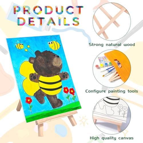 48PCS 12 Sets Printed Canvas Paint Art 12 Pcs Wooden Easel Set Paint Pots and Brushes and 12 Pre Drawn Canvas Panel 12 Pcs Mini Apron and Tote Bag for Kids(Animal)