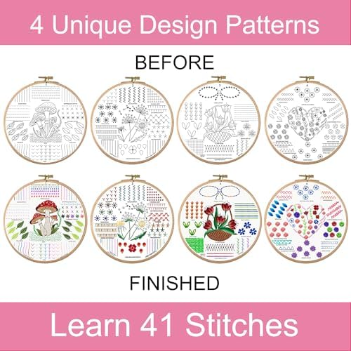 Moni Crafts Adult Beginner Embroidery Kit – 4 Pre-Printed Patterns (Flower, Mushroom, Floral, Heart) – Learn 41 Stitches, Hand Embroidery Starter Craft Set