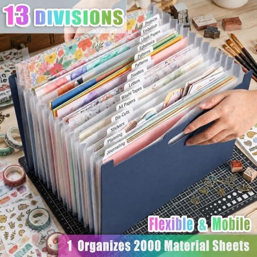 12x12 Scrapbook Paper Storage Organizer, Expandable 13 Pocket Desktop Paper Organizer Storage for Scrapbook Essentials, Large Scrapbook Storage for Photos, Washi Tape, Sticker (Dark Blue)