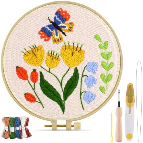TINDTOP Punch Needle Kits, DIY Punch Embroidery Kits for Adults Beginner, Tool with Punch Needle Fabric, Hoops, Yarns and Sewing Needles (Set F)