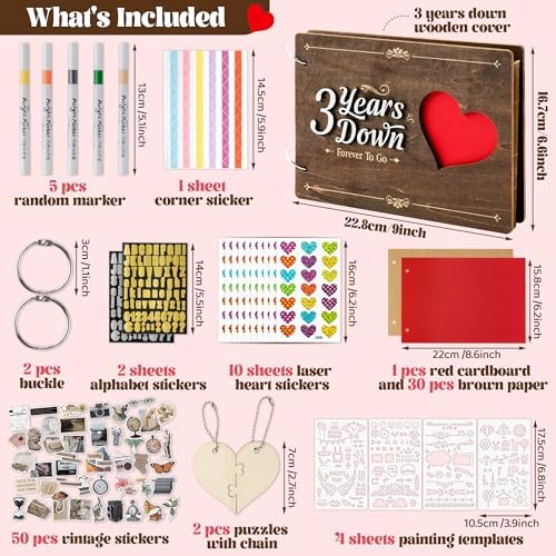 CY2SIDE 3 Years Anniversary Couple Scrapbook - 111PCS 3 Years Down Wooden Photo Album Scrapbook Craft Kit with Heart Puzzle Brown Paper Sticker and Template for DIY Dating Gift for Him Her