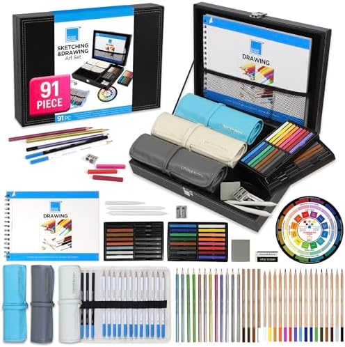 COLOUR BLOCK 91-Piece Sketching & Drawing Art Set with PU Carrying Case - Colored, Metallic, Charcoal, Pastel Pencils, Soft Pastels, Charcoal & Graphite Sticks, Sketchbook, Tools for Teens, Adults