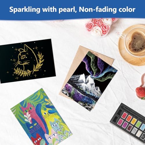 CraftyManor Mini Glitter Watercolor Paint Set with Paper, 12 Colors Shimmer Metallic Watercolour Painting Sets, Solid Pearl Water Color Paints for Adult(3ml 12 Colors)