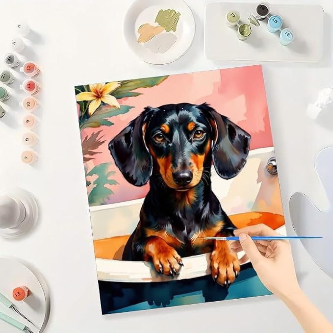 Animal Paint by Numbers Kit for Adults - DIY Dachshund Dog in Bathtub Painting on Canvas 16x20 Inch, Acrylic Paint Set, Suitable for Beginners, Art for Home Decoration or Gifts