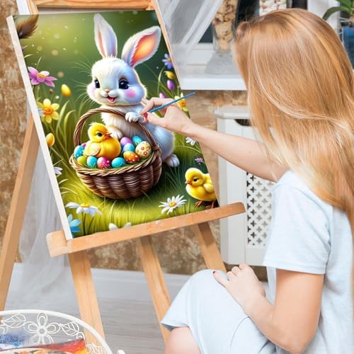 Bowetile Framed Paint by Numbers Easter Kit for Adults, Adults' Paint-by-Number Bunny Kits on Canvas, Painting by Numbers Rabbit, DIY Acrylic Number Painting for Home Wall Decor, 8x12in