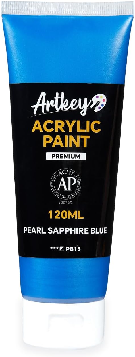 Artkey Metallic Acrylic Paint - Pearl Sapphire Blue (120 ml/4.06 oz) Tubes, Rich Pigments, Artists Acrylic Paints - Art Supplies for Canvas Wood Rock Clay Fabric Ceramics Art Crafts Painting