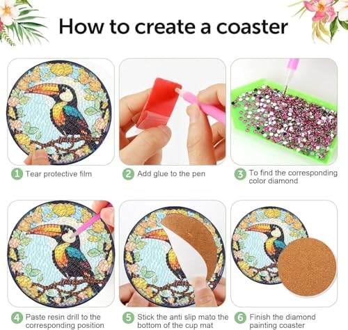 Diamond Art Coasters Kit, 8 Pieces Birds Diamond Painting Coasters Kit