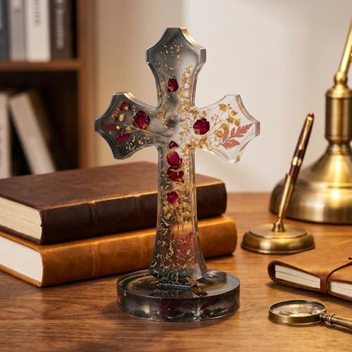 Cross Resin Mold Set with Base, 2PCS Silicone Standing Cross Molds, Hollow Cross Mold and Scalloped Cross Mold for Epoxy Resin, Plaster, Soap, Wax, DIY Religious Craft Decorations