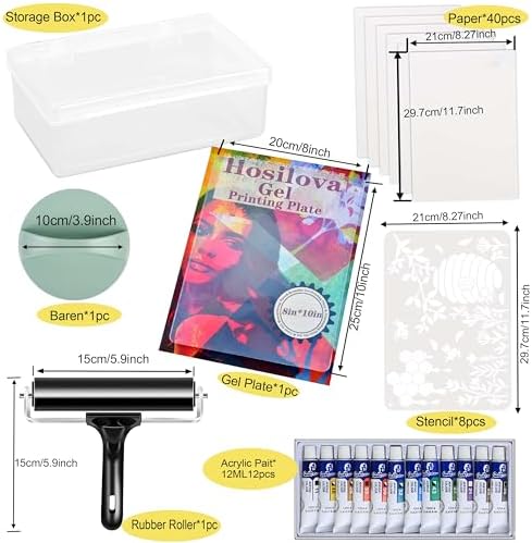 Reusable Gel Printing Plate Kit- 8" X 10" Gel Plate with Acrylic Paint, Printing Paper, Stencil, Storage Box, Rubber Roller, Baren, Easy Clean Plate,DIY Printmaking for Art Card Making, Scrapbooking
