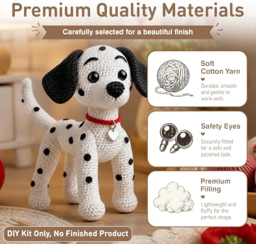 DIY Crochet Dalmatian Dog Kit for Beginners – Amigurumi Spotted Dog Stuffed Animal Knitting Kit with Yarn, Safety Eyes, Heart Tag & Instructions – Easy Beginner Crochet Craft Gift for Adults