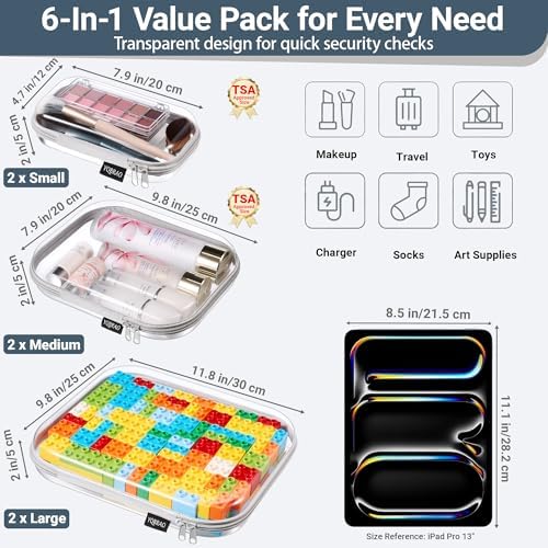 YQBRAO Clear Hard Shell Zipper Cases, 6 Multi-Size Organizers, Grey